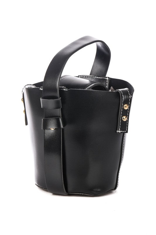 black faux leather bucket bag