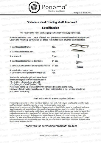 Specification of shelf Ponoma