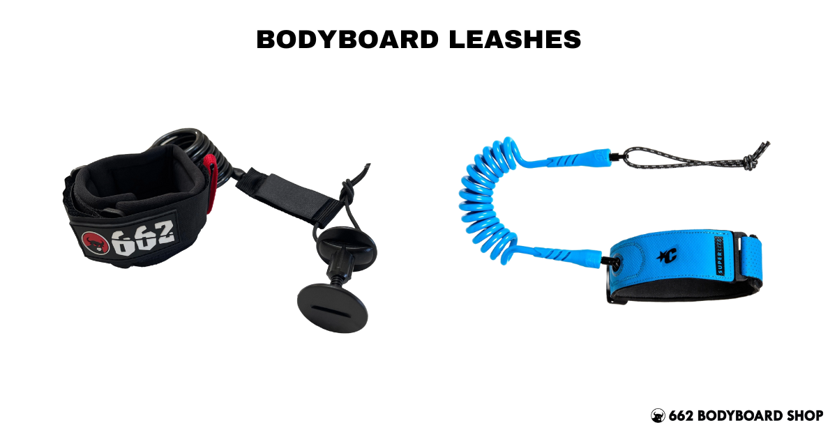 A bodyboard bicep leash and a wrist leash lie next to each other, with the graphic header reading, "Bodyboard Leashes". There is a 662 bodyboard shop logo in the bottom right corner of the graphic.