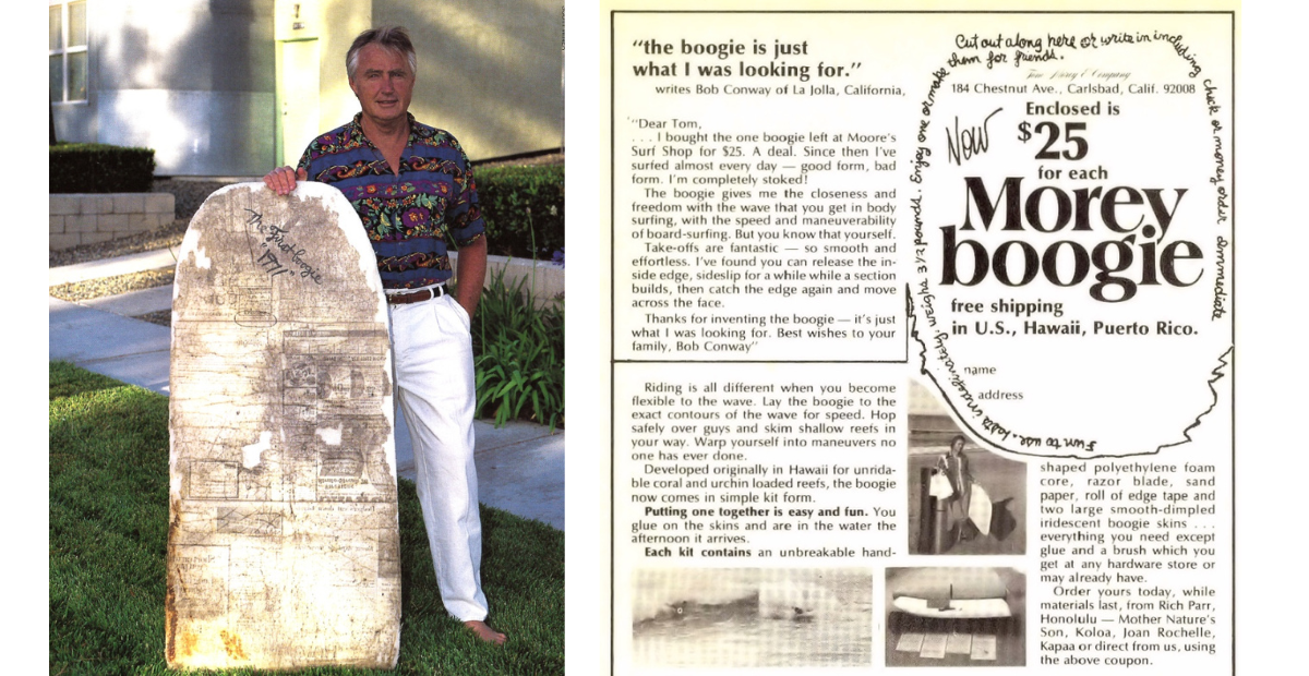 Tom Morey stands next to the first boogie board he created, alongside this photo is a copy of a magazine ad for Morey Boogie Boards from the 1970's