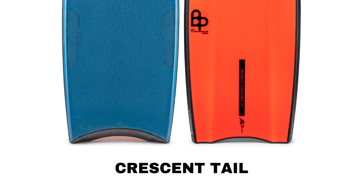 The bottom half of a crescent tail bodyboard is shown and labeled