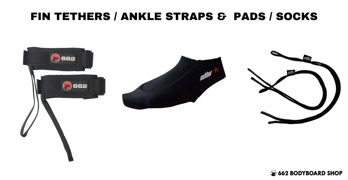 A set of swim fin tethers, ankle straps, pads, and socks are shown side by side.