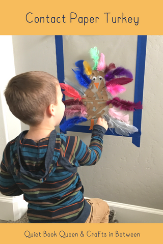 Toddlers and preschoolers need vertical wall activities.  Make this contact paper turkey craft as a screen free activity to keep them busy and work on fine motor skills.  Plus it's a cute Thanksgiving decoration!