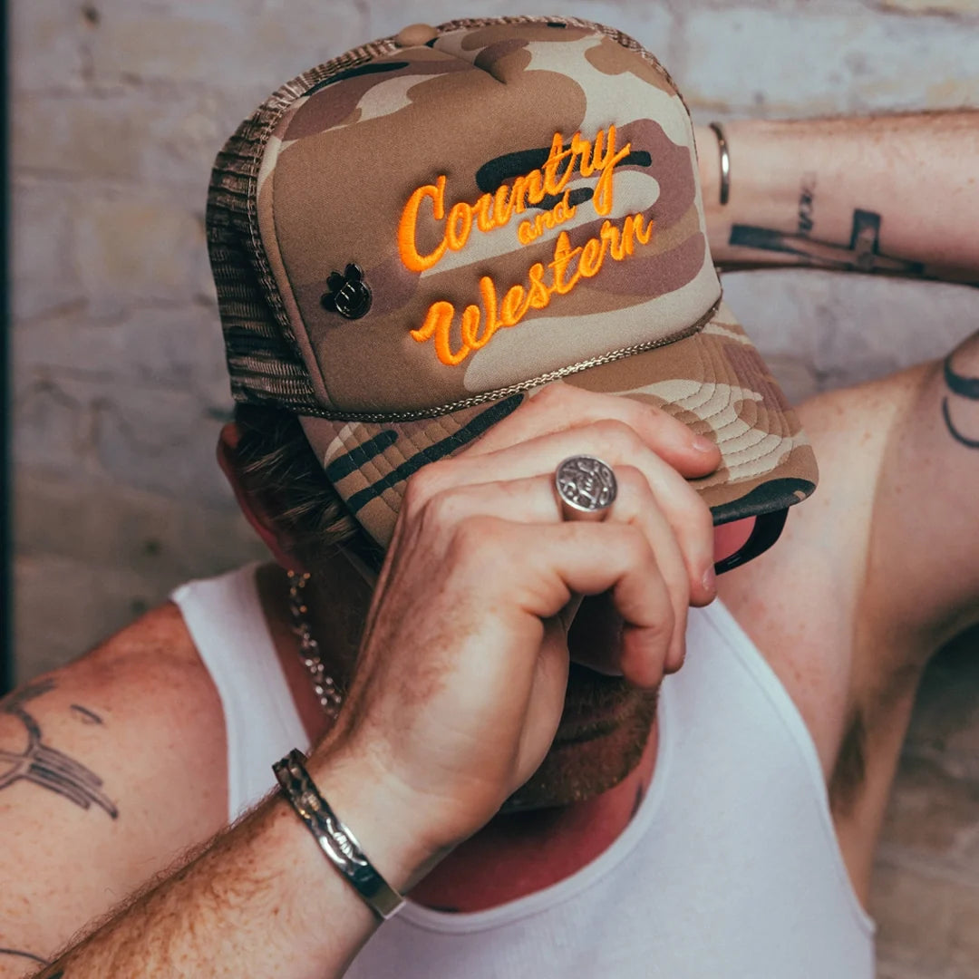 Country & Western Embroidered Camo Trucker Cap FSG Recods synth-playing contemporaries and squarely put