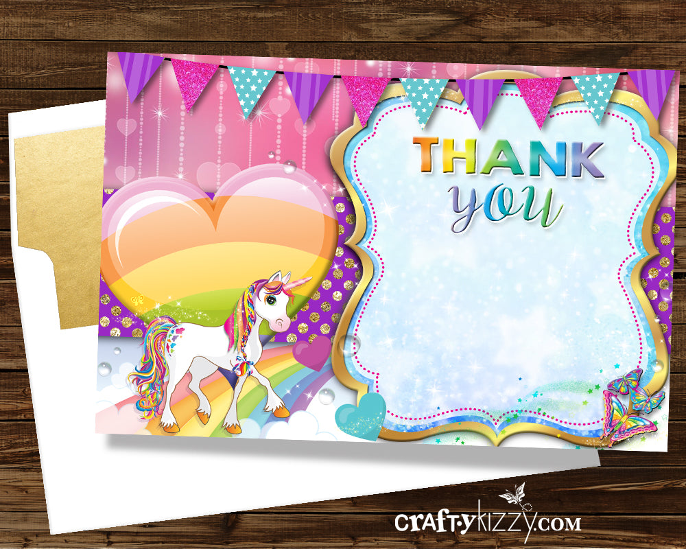 unicorn and rainbow thank you card printable diy thank