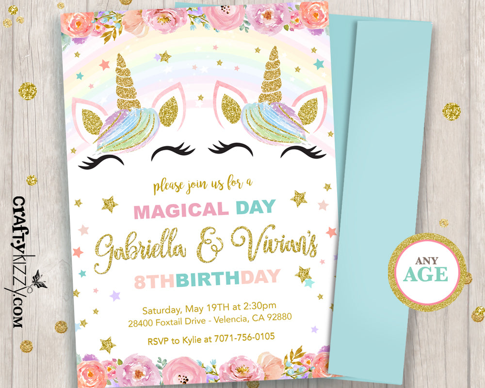 twin unicorn first birthday invitation twins joint birthday