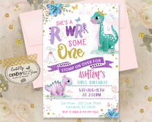 Dinosaur 2nd Birthday Invitation - Girl Dino First Birthday Invitations Purple Or Pink - Rawrsome Two - Roar Like A Dinosaur - Pandemic