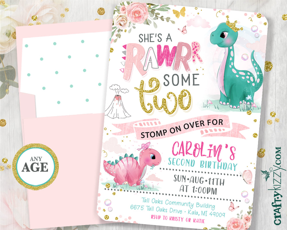 dinosaur-girl-first-birthday-dino-second-birthday-invitation-craftykizzy