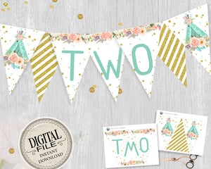 Woodland Second Birthday Pennant Banner - Teepee Two Garland Printable ...