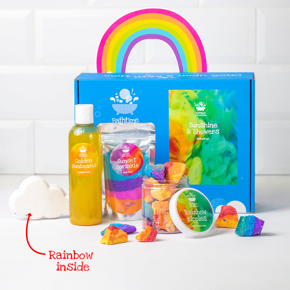 Sunshine & Showers' Rainbow 4-piece bath bundle | Hooded Owls Ltd