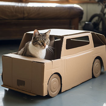 cat in cardboard car