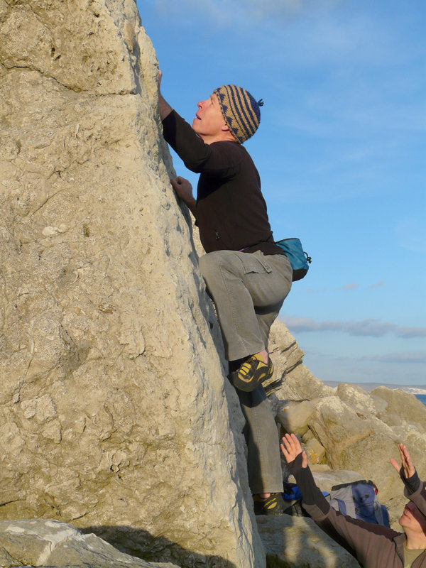 Pongoose blog image of Mick Ward doing the first ascent of White Tower at Portland