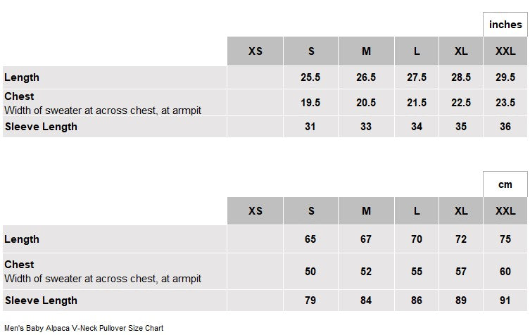 Baby Alpaca V-Neck Pullover Size Chart