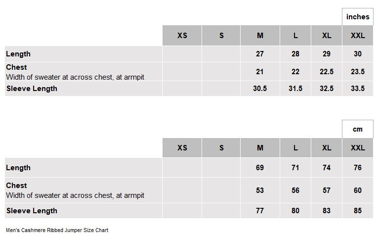 Orion Ribbed Cashmere Sweater Size Chart