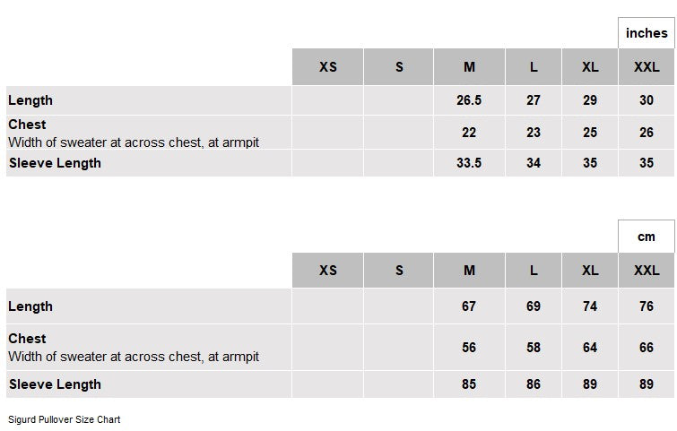 Sigurd Pullover Size Chart