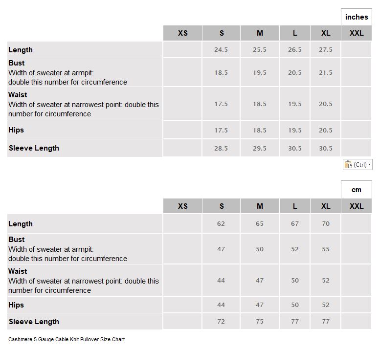 Cashmere 5 Gauge Cable Knit Pullover Size Chart