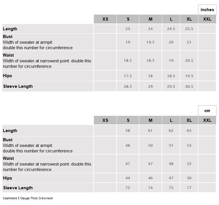 Cashmere 5 Gauge Thick Crewneck Size Chart