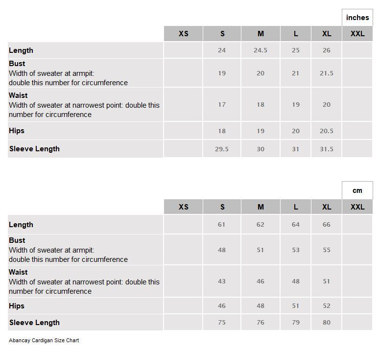 Abancay Cardigan Size Chart