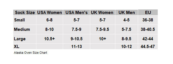 Alaska oven Socks Size Chart