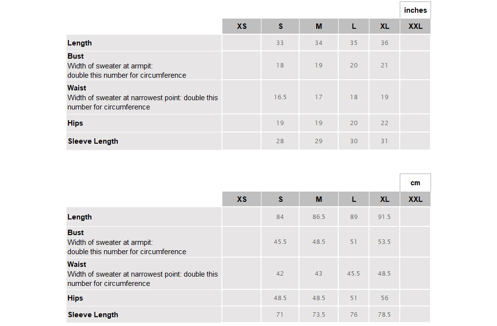 Women's Alba Coat Size Chart