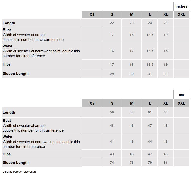 Carolina Pullover Size Chart