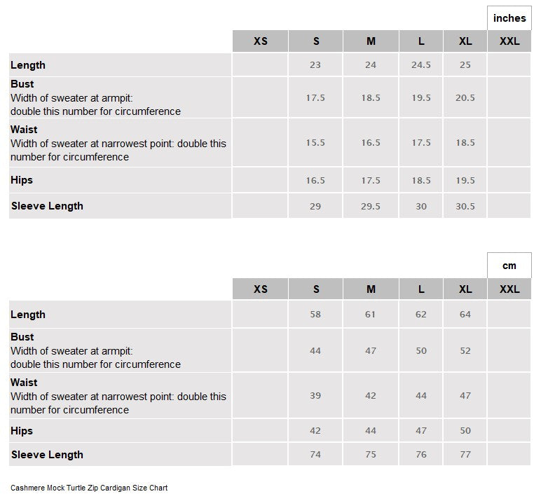 Cashmere Mock Turtle Zip Cardigan Size Chart