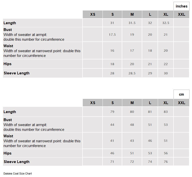 Daisies Coat Size Chart