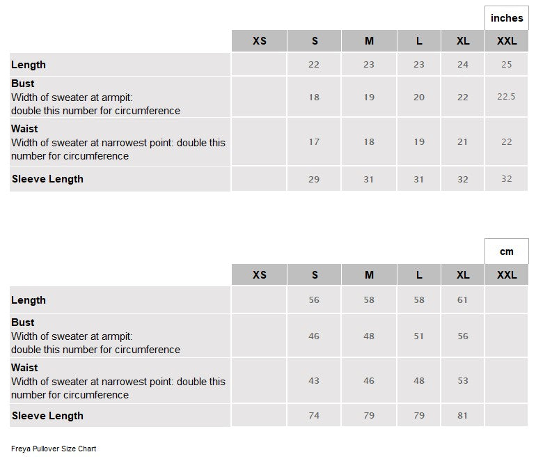 Freya Pullover	Size Chart