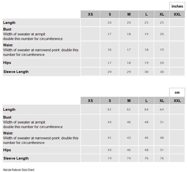 Marcia Pullover Size Chart