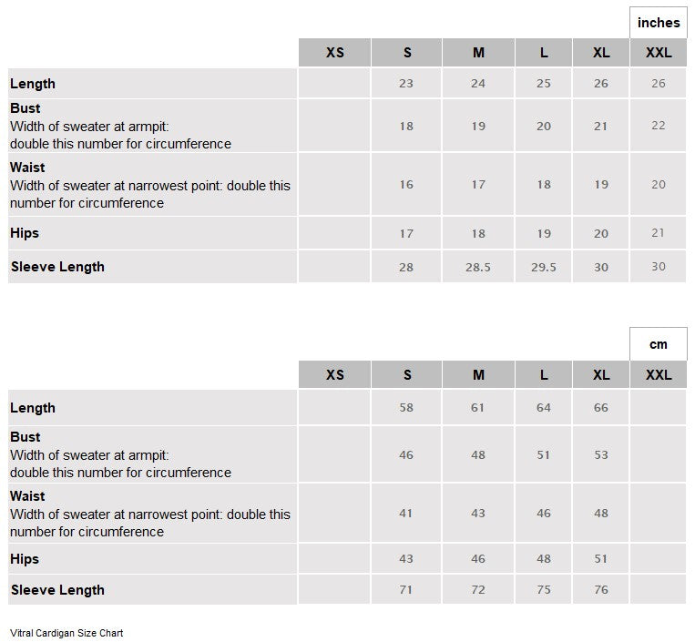 Vitral Cardigan Size Chart