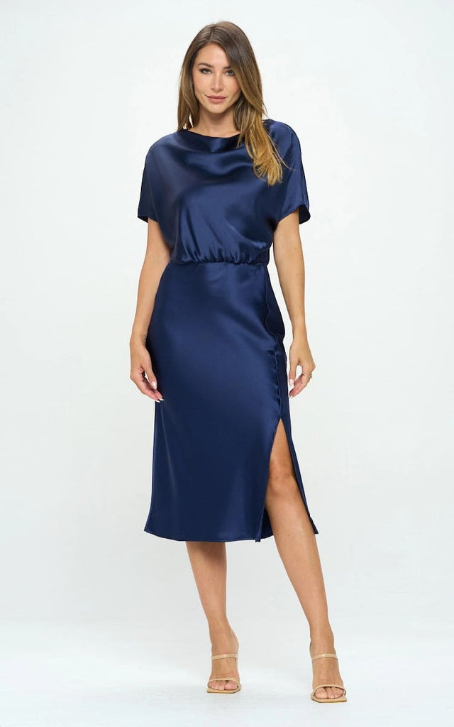 Renee C - Stretch Satin Blouson Dress in Navy | floc boutique