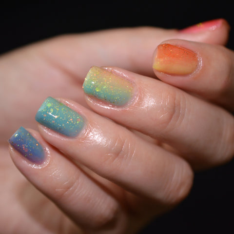 BLUSH Lacquers Sunset In The Keys and Sparkling Seas Vertical Rainbow Gradient Manicure