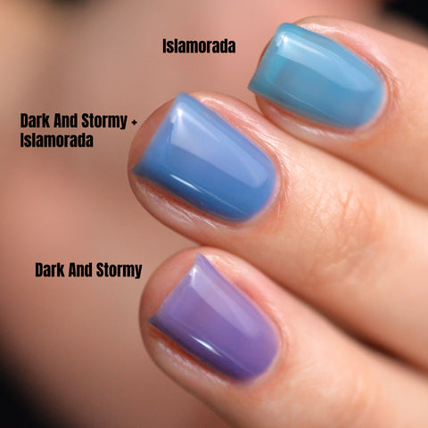 BLUSH Lacquers layering Dark And Stormy and Islamorada jelly nail polishes