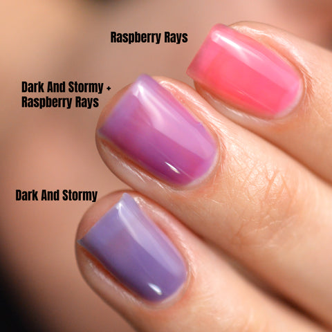 BLUSH Lacquers layering Dark And Stormy and Raspberry Rays jelly nail polishes