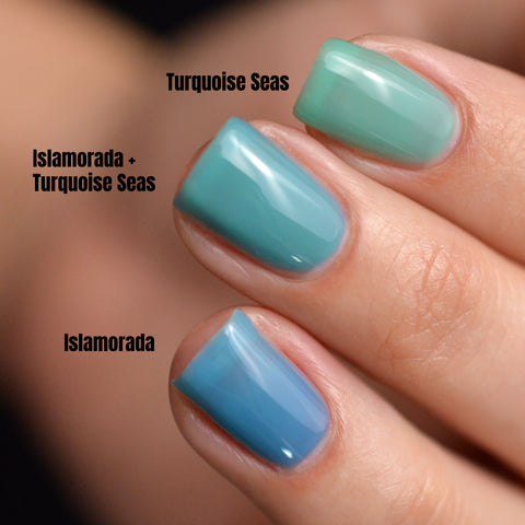 BLUSH Lacquers layering Turquoise Seas and Islamorada jelly nail polishes