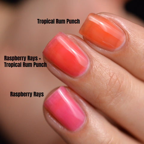 BLUSH Lacquers layering Raspberry Rays with Tropical Rum Punch Jelly Nail polishes