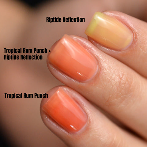 BLUSH Lacquers layering Tropical Rum Punch and Riptide Reflection jelly nail polishes