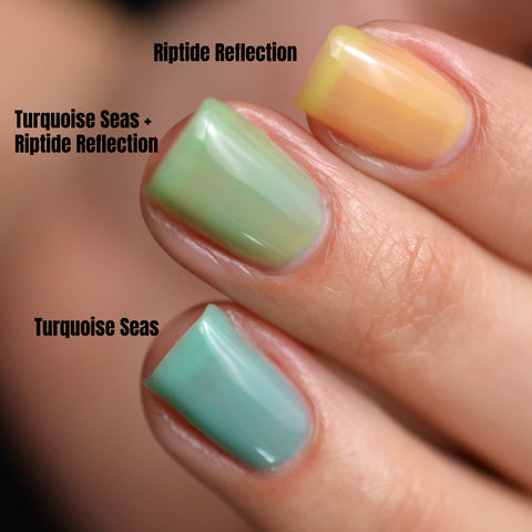 BLUSH Lacquers layering Riptide Reflection and Turquoise Seas jelly nail polishes