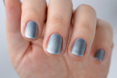 Icy blue metallic nail polish, The Suitor with a matte top coat