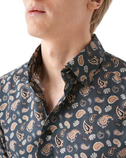 Navy Paisley Print Jersey Shirt - Eton