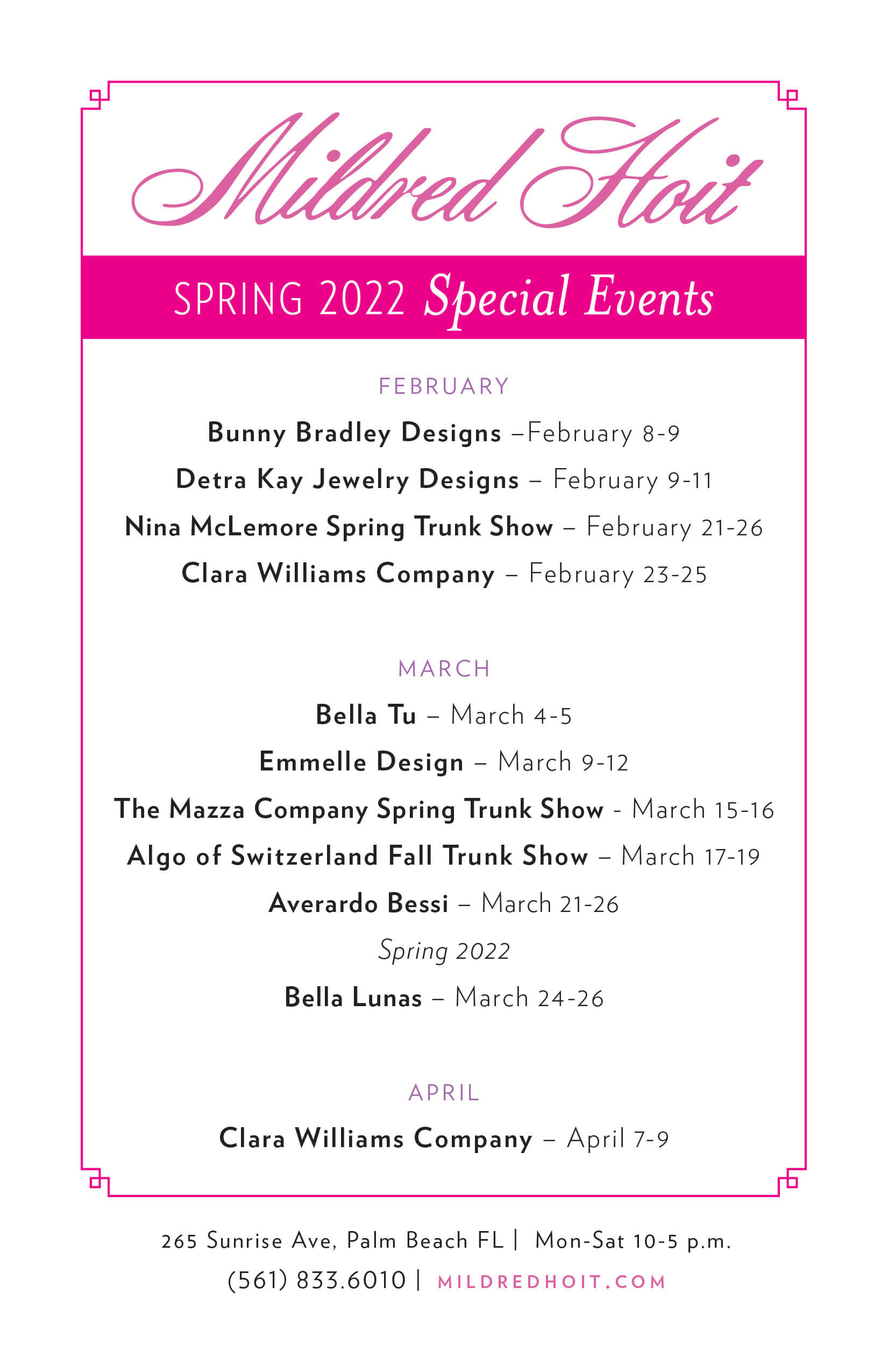 Trunk Show Calendar for Mildred Hoit