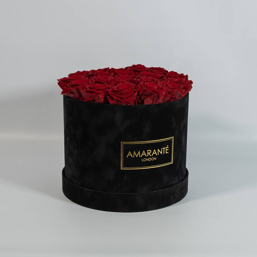 Beautiful Wine roses in Black Hatbox