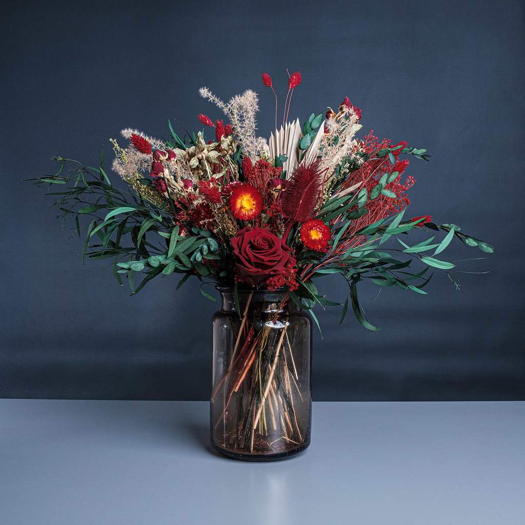 Winter Forest Bouquet displayed in a timeless vase - Amranté London