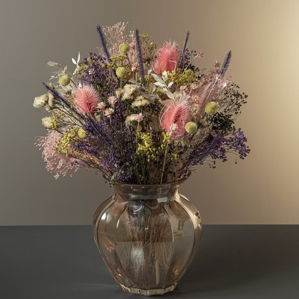 Pink Paradise dried flower bouquet in a crisp clear vase