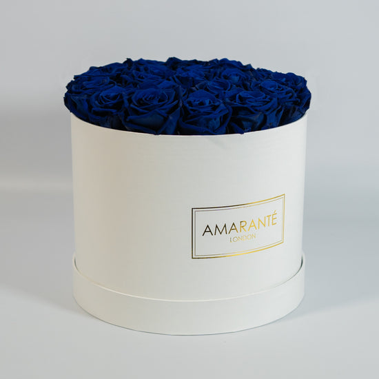 Round Matt White Box 9 inches in diameter, features maximum 22 large forever roses