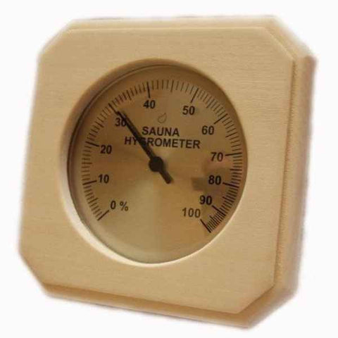 Material:	Premium Wood Dimensions: 	4 inches (diameter) Humidity Range:	0% to 100% Dial Design: 	Easy-to-read, clear markings Compatibility: 	Suitable for all sauna types Durability:	Built to withstand sauna heat and humidity Installation:	Wall-mounted or freestanding