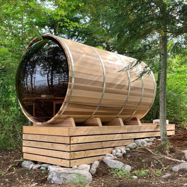 Dundalk LeisureCraft Clear Cedar Panoramic View Barrel Sauna side view