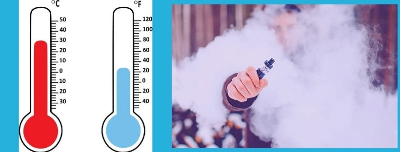 Graphic of Thermometers with Celsius and Fahrenheit Temps Next to A Hand Holding a Vape in a Huge Cloud of Vape Smoke