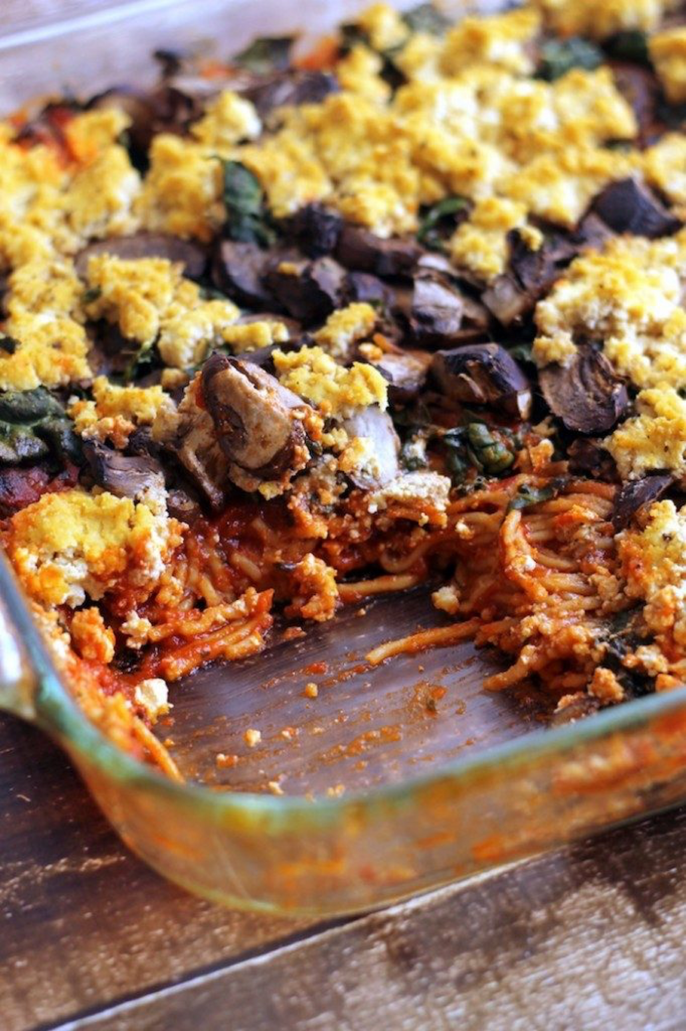 Baked Spaghetti with Kale, Mushrooms, and Tofu Ricotta