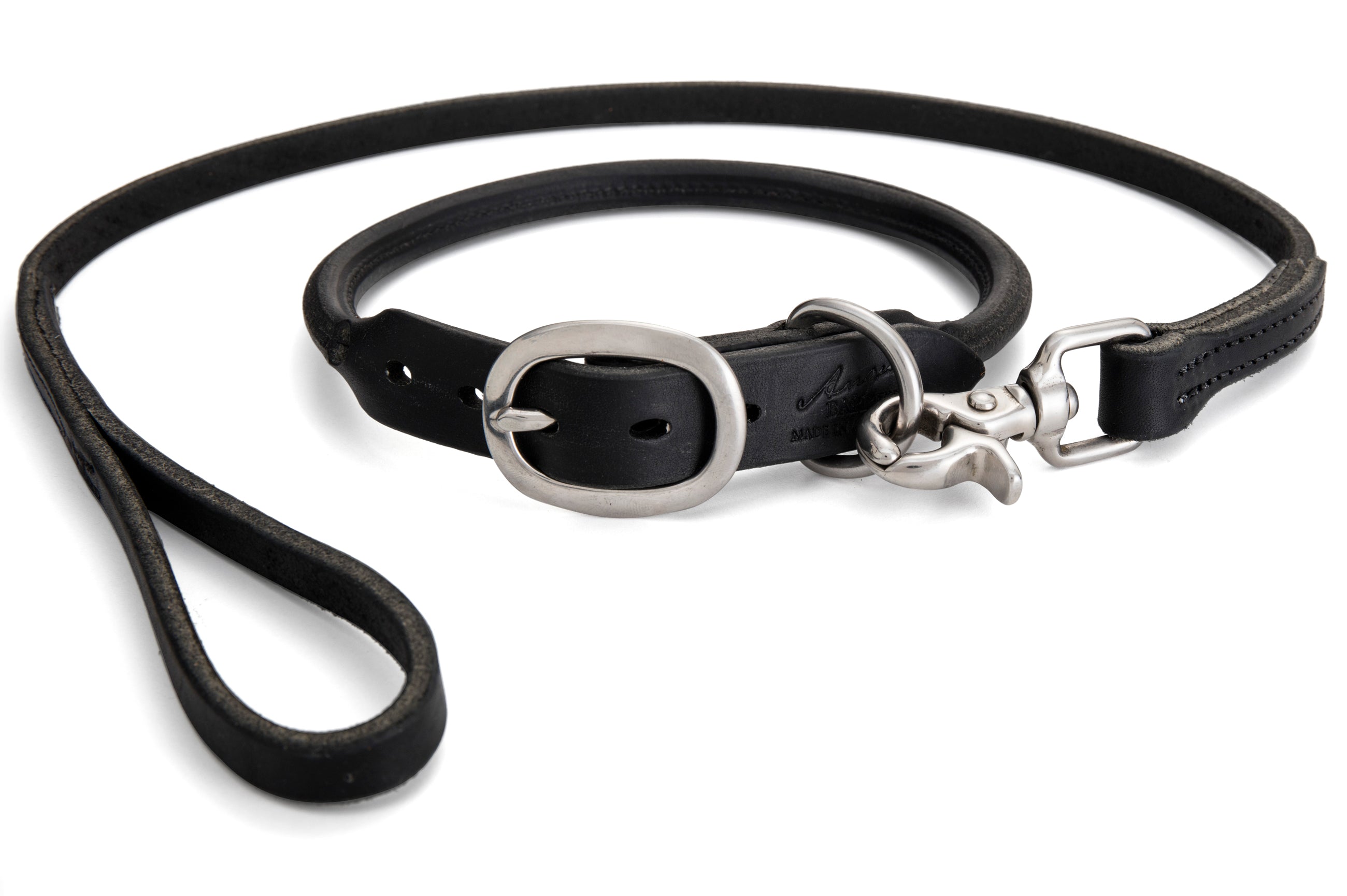 black rolled leather dog collar